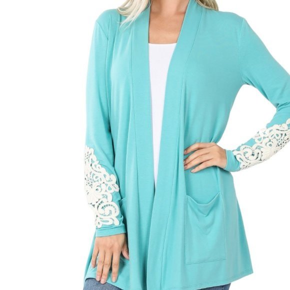 Lace Patch Sleeve Slouch Pocket Cardigan, Ash Mint - Picture 1 of 1